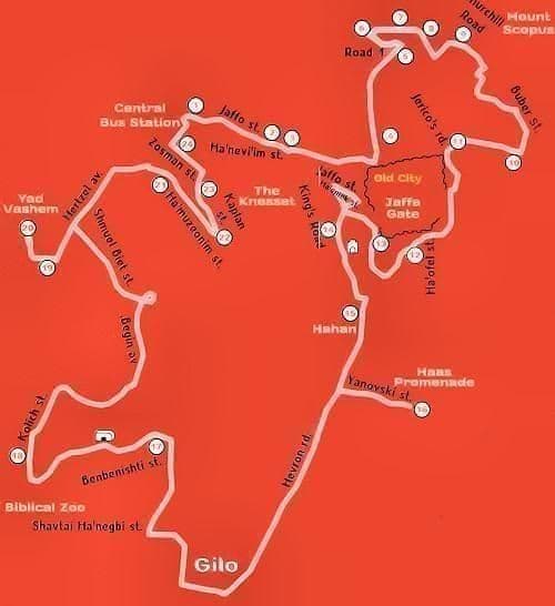 Mapa de viagens de ônibus Jerusalém Hop On Hop Off